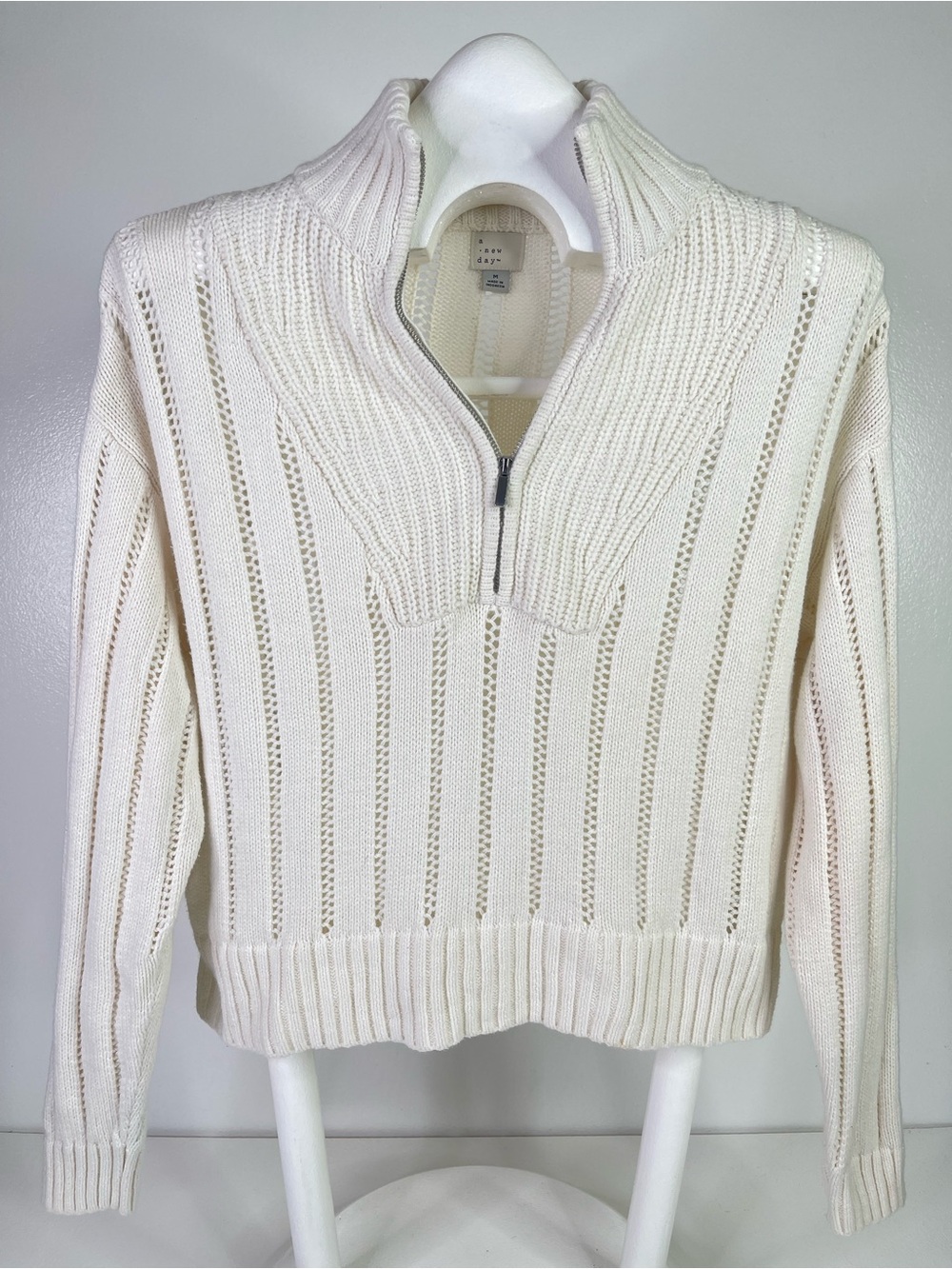 A New Day Womens M Cream Quarter Zip Sweater Textured Pointelle Knit Long Sleeve